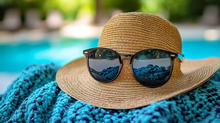 A sun hat and stylish sunglasses sit on a cozy blanket, embodying a relaxing day by the sunny pool