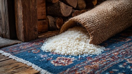 A burlap sack spills rice onto a vibrant rug, showcasing the charm of rustic living