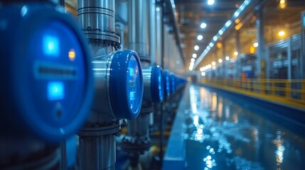 An interior view of a modern water treatment facility, highlighting the complex machinery and illuminated environment