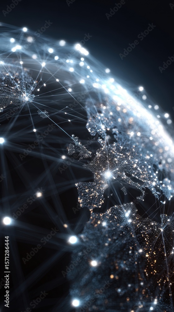 Poster abstract representation of a digital globe interconnected with luminous lines and nodes symbolizing 