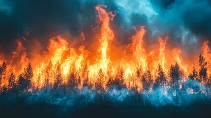A dramatic display of flames consuming trees under a darkened sky, creating a mesmerizing yet terrifying spectacle