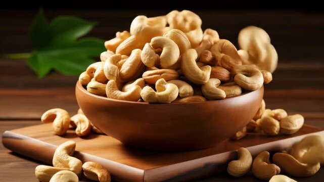 Cashew nuts spilled from a wooden bowl on a rustic table decorated with green leaves