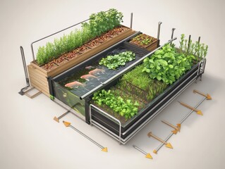Illustrated aquaponics farm setup with fish tanks, hydroponic plant beds, and nutrient water cycle arrows. Ideal for eco-farming education.
