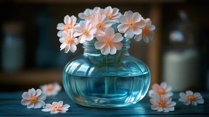 A charming display of soft pink blossoms rests in a tranquil blue vase, enhancing the cozy atmosphere indoors