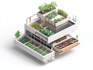 Isometric cutaway of an aquaponics farm system with fish tank, water circulation, LED-lit plant beds, and nutrient flow arrows. Sustainable farming illustration on white.