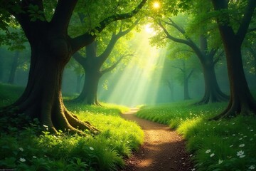 Obraz premium Magical Sun-Dappled Path Through Ancient Woodland A Serene Nature Escape
