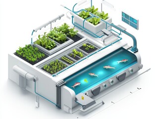 Isometric cutaway of an aquaponics farm system with fish tank, water circulation, LED-lit plant beds, and nutrient flow arrows. Sustainable farming illustration on white.