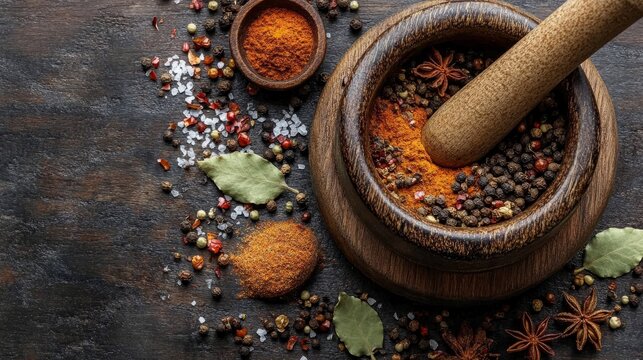 Grinding an array of colorful spices and herbs in a mortar and pestle, revealing a rich culinary experience