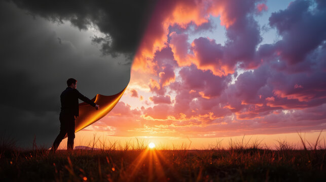 Person unveiling vibrant sunset by pulling back dark curtain, symbolizing hope and transformation