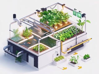 Isometric cutaway of an aquaponics farm system with fish tank, water circulation, LED-lit plant beds, and nutrient flow arrows. Sustainable farming illustration on white.