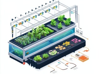 Isometric cutaway of an aquaponics farm system with fish tank, water circulation, LED-lit plant beds, and nutrient flow arrows. Sustainable farming illustration on white.