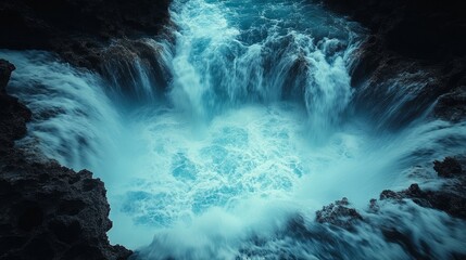 Vibrant turquoise waters swirl dramatically as waves crash against jagged rocks, showcasing nature's raw beauty