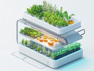 Isometric cutaway of an aquaponics farm system with fish tank, water circulation, LED-lit plant beds, and nutrient flow arrows. Sustainable farming illustration on white.