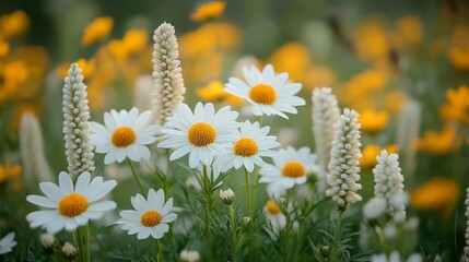 Bright daisies and lush wildflowers create a picturesque meadow, basking in the gentle glow of a summer afternoon