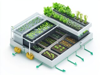 Isometric cutaway of an aquaponics farm system with fish tank, water circulation, LED-lit plant beds, and nutrient flow arrows. Sustainable farming illustration on white.