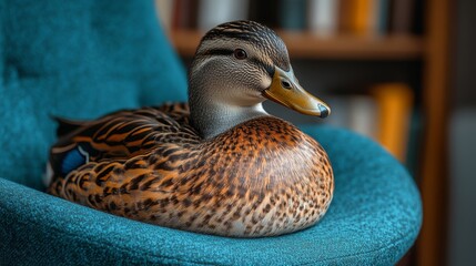 A serene duck lounges on a turquoise chair, showcasing its feathers and enhancing the cozy indoor vibe
