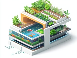 Isometric cutaway of an aquaponics farm system with fish tank, water circulation, LED-lit plant beds, and nutrient flow arrows. Sustainable farming illustration on white.