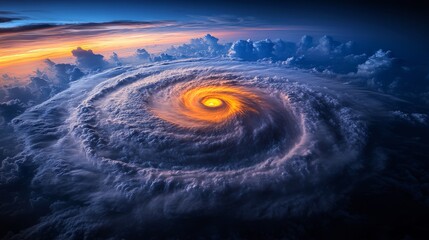 A powerful hurricane swirls energetically above the ocean, its eye glowing against the backdrop of a twilight sky