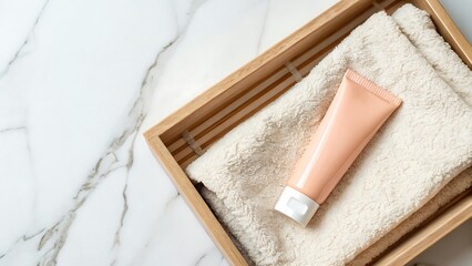 A pink cosmetic tube rests on soft white towels in a wooden tray, set against a marble background, evoking a sense of spa luxury