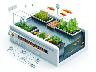 Isometric cutaway of an aquaponics farm system with fish tank, water circulation, LED-lit plant beds, and nutrient flow arrows. Sustainable farming illustration on white.