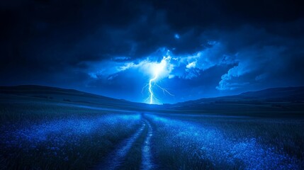 A dramatic thunderstorm unfolds over a peaceful meadow, showcasing vibrant lightning against a deep blue sky