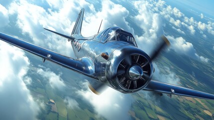 A vintage aircraft glides above a scenic landscape, showcasing its design against vibrant clouds