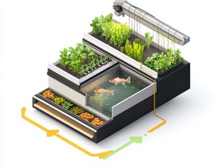 Isometric cutaway of an aquaponics farm system with fish tank, water circulation, LED-lit plant beds, and nutrient flow arrows. Sustainable farming illustration on white.
