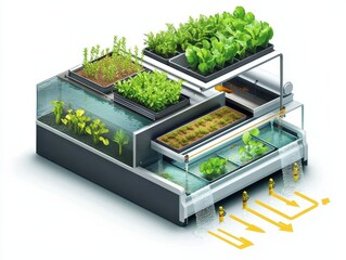 Isometric cutaway of an aquaponics farm system with fish tank, water circulation, LED-lit plant beds, and nutrient flow arrows. Sustainable farming illustration on white.