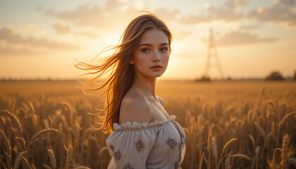 Obraz premium Young woman smiling happily in a green summer field with flowing hair and a light dress under a sunny sky