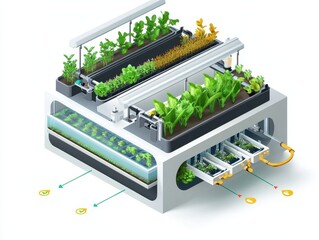 Isometric cutaway of an aquaponics farm system with fish tank, water circulation, LED-lit plant beds, and nutrient flow arrows. Sustainable farming illustration on white.