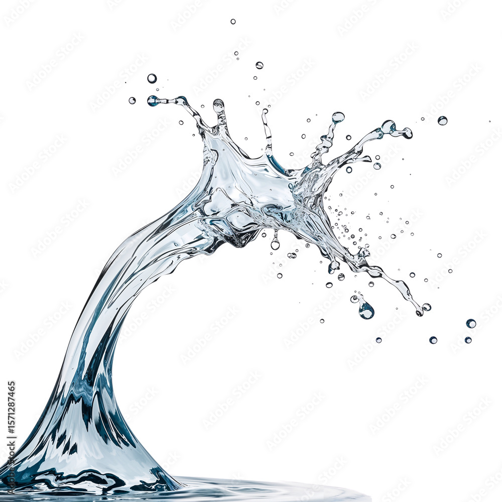 Poster dynamic water splash with transparent background exhibiting purity and refreshing quality isolated