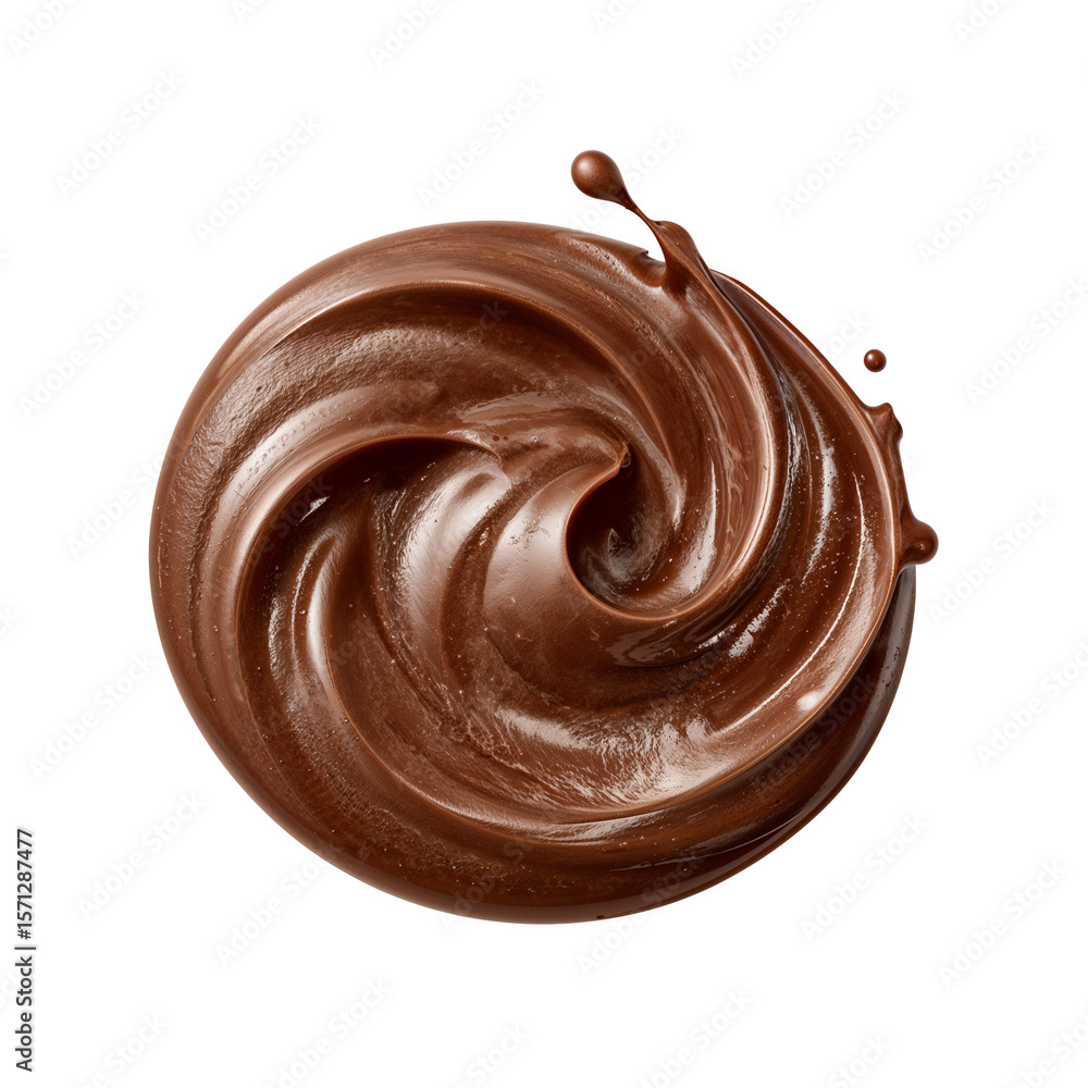 Poster abstract chocolate swirl with dynamic splash against a pure, isolated transparent presentation