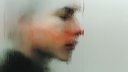 Sad person behind wet glass with emotional blur
