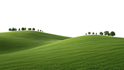 Lush emerald hills rolling beneath the isolated serene sky, adorned with scattered clumps of