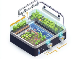 Isometric cutaway of an aquaponics farm system with fish tank, water circulation, LED-lit plant beds, and nutrient flow arrows. Sustainable farming illustration on white.