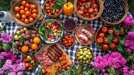 Fototapeta premium Colorful picnic spread with fresh fruits and vegetables