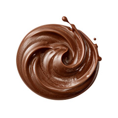 Abstract chocolate swirl with dynamic splash against a pure, isolated transparent presentation
