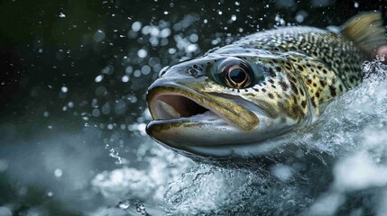 A trout leaps from the water, its vibrant scales shimmering as droplets fall, embodying the wild spirit