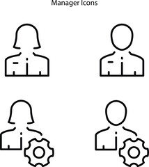 Manager icons set in outline style, manager icon with people and gear icons.