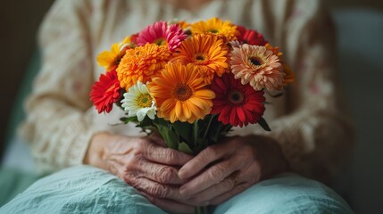 An elderly person cradles a vibrant bouquet of gerbera daisies, exuding warmth and happiness in a serene setting