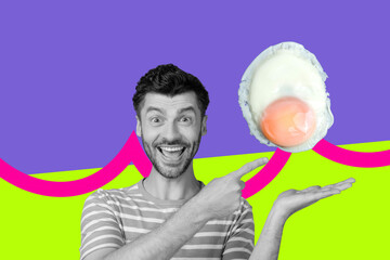 Full image 3d pop artwork photo collage of happy girl guy stand fried egg yolk protein healthy breakfast nutrition snack yummy