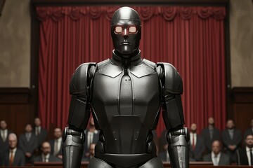 A courtroom scene with a robotic judge, glowing legal texts projected in the air, restricting the accused's movements, sci-fi, sharp focus.