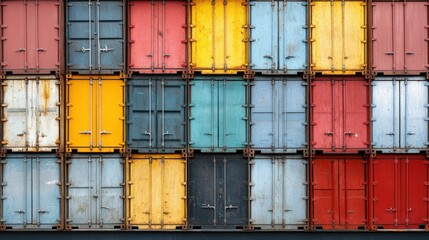 Colorful shipping containers, a grid of various colors, tightly packed