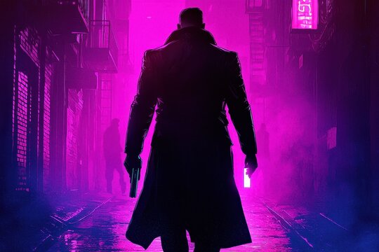 A dark alley where a government agent accepts a glowing card from a faceless figure, under flickering neon lights, Cyber noir style, Digital illustration. - Powered by Adobe