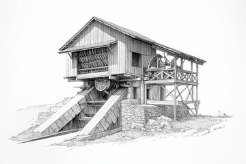 Hand-drawn architectural sketch of a rural hydro-powered sawmill with stone foundation and timber housing. Pencil style illustration on white.