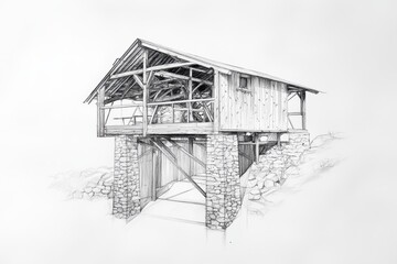 Hand-drawn architectural sketch of a rural hydro-powered sawmill with stone foundation and timber housing. Pencil style illustration on white.