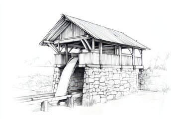 Hand-drawn architectural sketch of a rural hydro-powered sawmill with stone foundation and timber housing. Pencil style illustration on white.