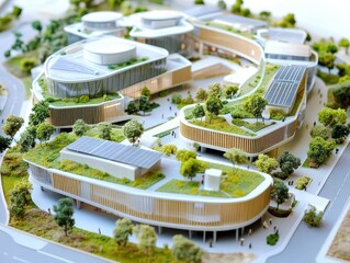 Architectural model of a sustainable hospital complex featuring solar panels, green rooftops, and eco-materials on a detailed engineering layout.