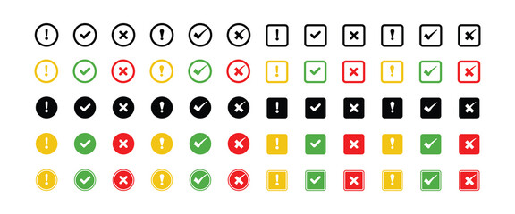 Colorful Check, Cross, and Alert Icons Set for UI/UX Design - Editable Vector Symbols