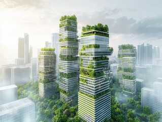 Professional blueprint of a futuristic vertical eco-city with green terraces and mixed-use towers designed for urban sustainability.